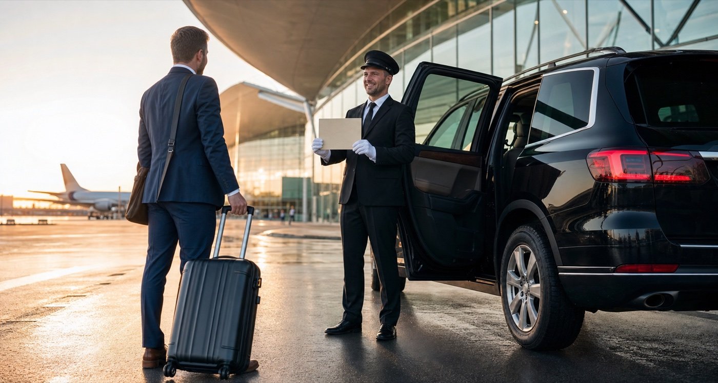 Professional chauffeur greeting an airport traveler with luggage